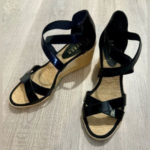 Lauren Ralph Lauren Black Patent Leather Cortney Espadrille Wedge Sandals Size 8